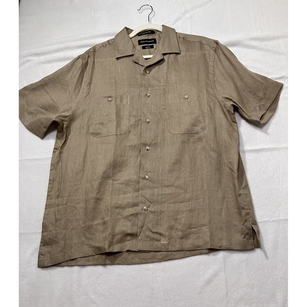 Paul Fredrick Mens Finest Pure Linen SS Button Up Shirt Tan Classic Fit Medium